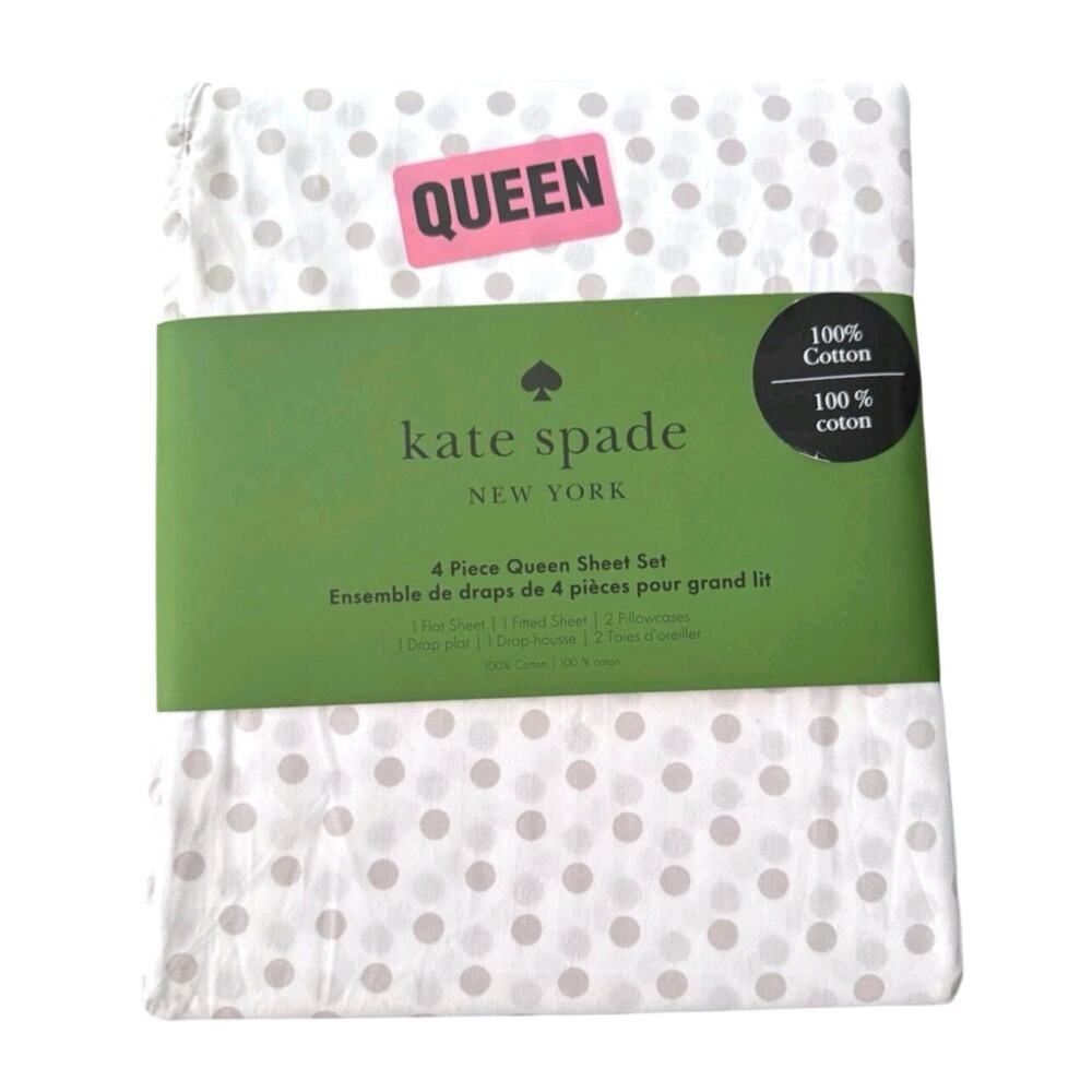 New KATE SPADE Queen Size Glacier Grey Polka Dot 4 Pc Sheet Set Fit 17" Mattress